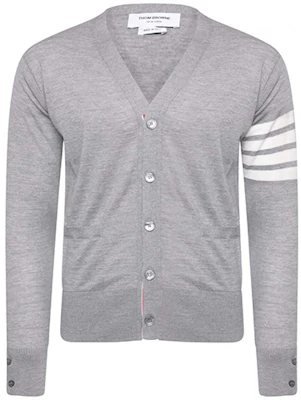Thom Browne Gray Merino Wool 4-Bar Stripe V-Neck Cardigan Sweater MKC002A-00014-058 Buy Thom Browne Gray Merino Wool 4-Bar Stripe V-Neck Cardigan Sweater MKC002A-00014-058