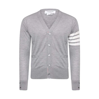 Thom Browne Gray Merino Wool 4-Bar Stripe V-Neck Cardigan Sweater MKC002A-00014-058