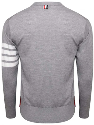 Thom Browne Gray Merino Wool 4-Bar Stripe V-Neck Cardigan Sweater MKC002A-00014-058 Lookbook Thom Browne Gray Merino Wool 4-Bar Stripe V-Neck Cardigan Sweater MKC002A-00014-058