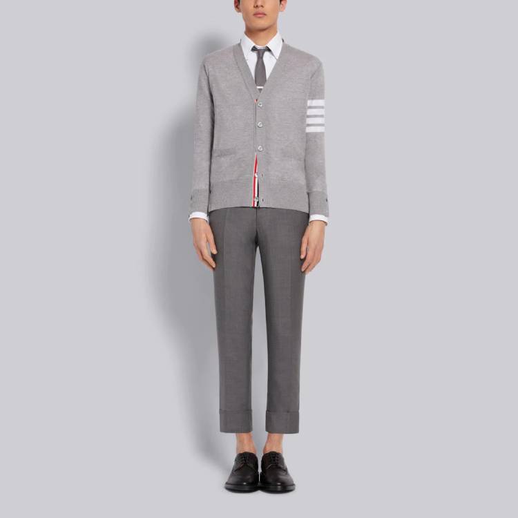 Thom Browne Gray Merino Wool 4-Bar Stripe V-Neck Cardigan Sweater MKC002A-00014-058 圖 4