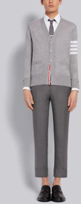 Thom Browne Gray Merino Wool 4-Bar Stripe V-Neck Cardigan Sweater MKC002A-00014-058 Shop Thom Browne Gray Merino Wool 4-Bar Stripe V-Neck Cardigan Sweater MKC002A-00014-058