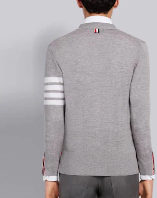 Thom Browne Gray Merino Wool 4-Bar Stripe V-Neck Cardigan Sweater MKC002A-00014-058 Purchase Thom Browne Gray Merino Wool 4-Bar Stripe V-Neck Cardigan Sweater MKC002A-00014-058