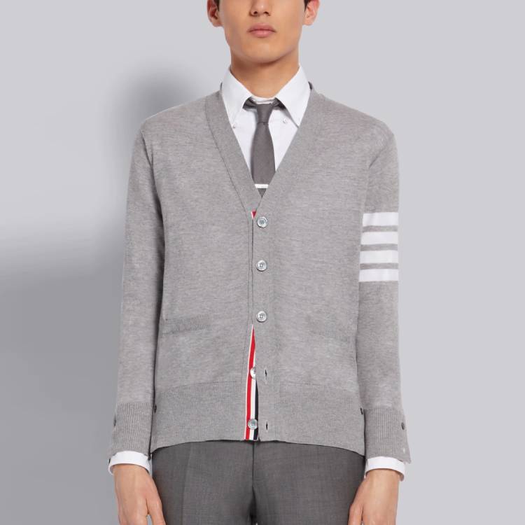 Thom Browne Gray Merino Wool 4-Bar Stripe V-Neck Cardigan Sweater MKC002A-00014-058 圖 6