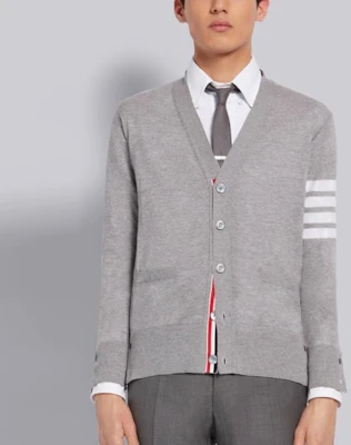 Thom Browne Gray Merino Wool 4-Bar Stripe V-Neck Cardigan Sweater MKC002A-00014-058 Details for Thom Browne Gray Merino Wool 4-Bar Stripe V-Neck Cardigan Sweater MKC002A-00014-058