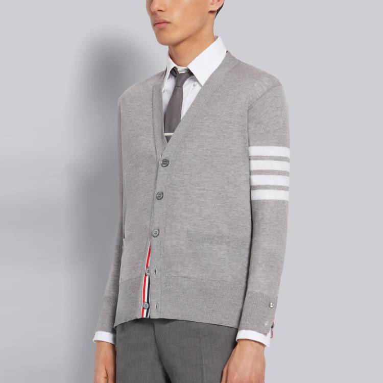 Thom Browne Gray Merino Wool 4-Bar Stripe V-Neck Cardigan Sweater MKC002A-00014-058 圖 7