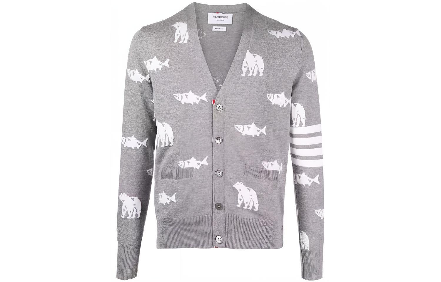 THOM BROWNE Gray Solid Stripe V-Neck Sweater MKC350A-Y1002-055