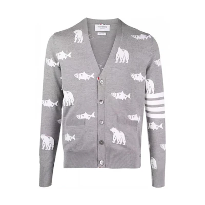 THOM BROWNE Gray Solid Stripe V-Neck Sweater MKC350A-Y1002-055