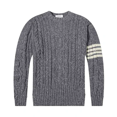 THOM BROWNE Grey 4-Bar Cable Knit Wool Pullover Sweater for Men - Grey MKA233A-00278-035