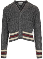 Thom Browne Grey Mohair Tweed Striped V-Neck Cardigan Sweater MKC289A-00278-035 Thom Browne Grey Mohair Tweed Striped V-Neck Cardigan Sweater MKC289A-00278-035