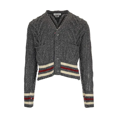 Thom Browne Grey Mohair Tweed Striped V-Neck Cardigan Sweater MKC289A-00278-035