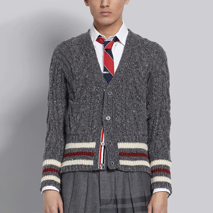 Shop Thom Browne Cardigan Sweater V-Neck Abu Mohair Tweed Striped. MKC289A-00278-035