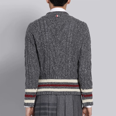 Thom Browne Cardigan Sweater V-Neck Abu Mohair Tweed Striped. MKC289A-00278-035 Purchase Thom Browne Cardigan Sweater V-Neck Abu Mohair Tweed Striped. MKC289A-00278-035