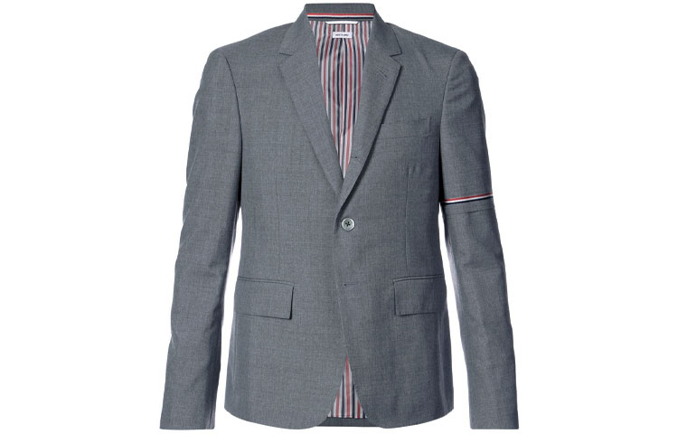THOM BROWNE Grey Single-Breasted Blazer with Tricolor Striped Cuffs MJC187-A0287-2035