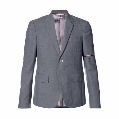 THOM BROWNE Grey Single-Breasted Blazer with Tricolor Striped Cuffs MJC187-A0287-2035