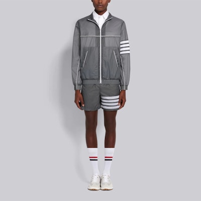 Thom Browne Grey Striped Nylon Zip-Up Jacket MJT266A-06859-045 Lookbook Thom Browne Grey Striped Nylon Zip-Up Jacket MJT266A-06859-045