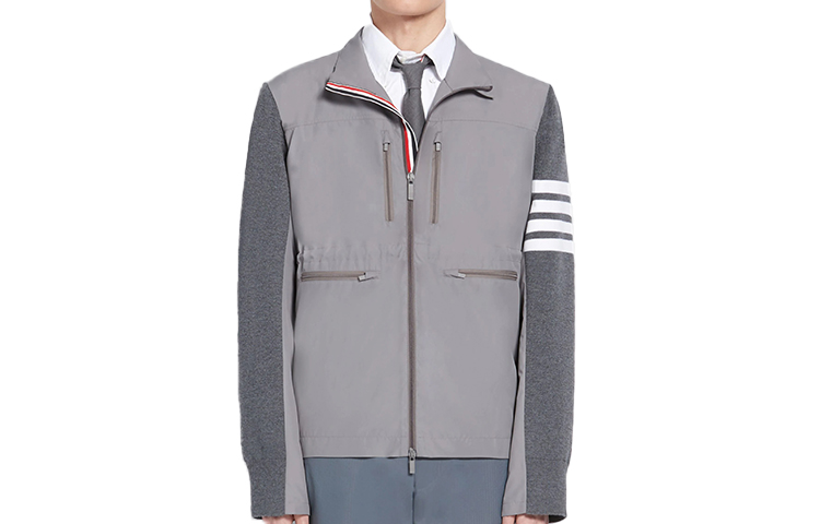 THOM BROWNE Grey Striped Wool Nylon Bomber Jacket MKJ060A-00014-055