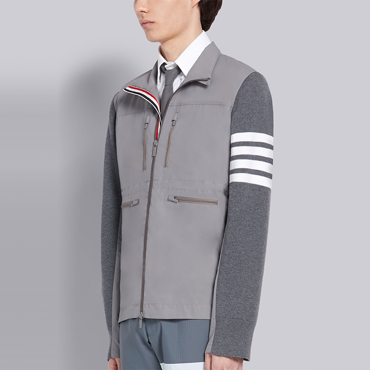 Shop THOM BROWNE 灰色條紋羊毛尼龍飛行外套 MKJ060A-00014-055
