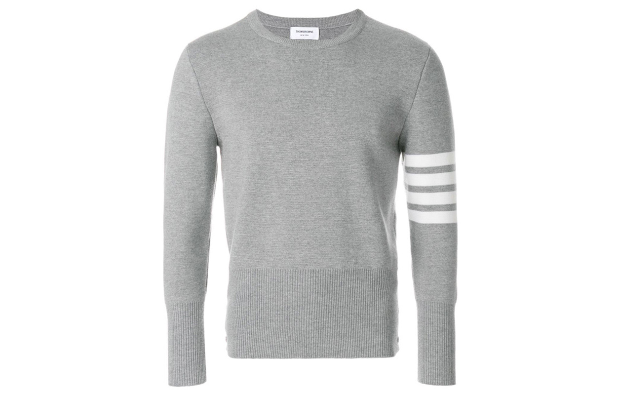Thom Browne Grey Wool Sweater with Classic Stripe Armband. MKA189A-00014-055