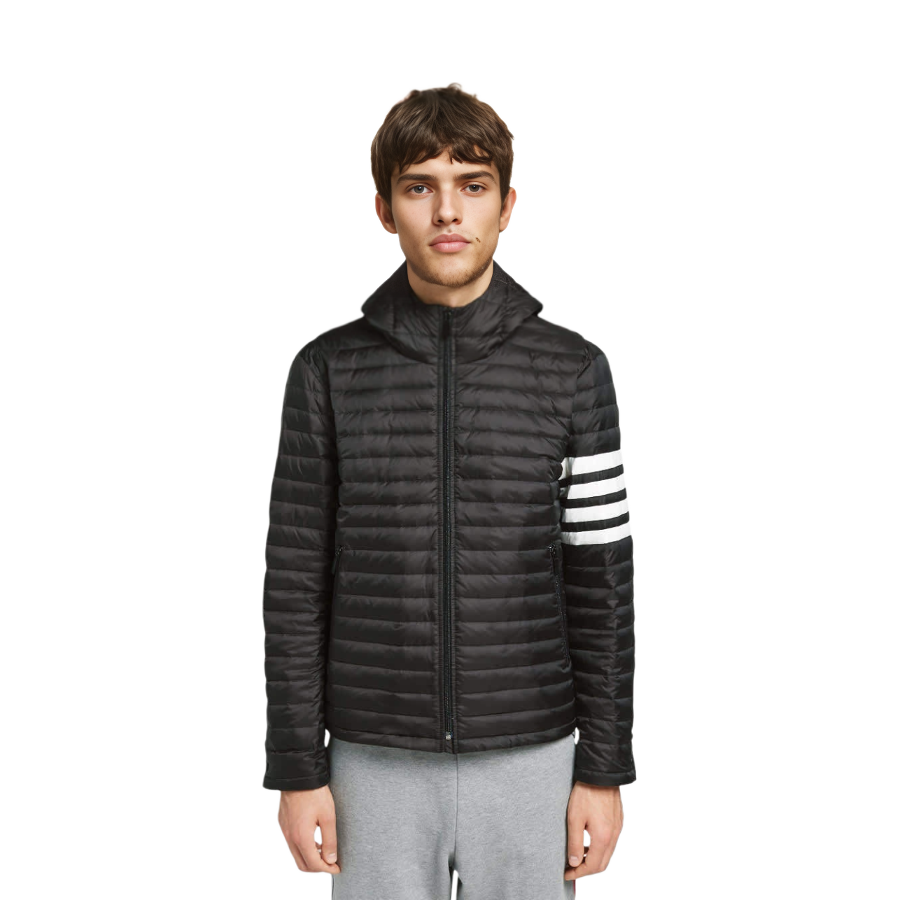 Lookbook 톰 브라운 아이비 퀼팅 4-바 후드 다운 재킷 윈터 블랙. MJD022X-05411-001