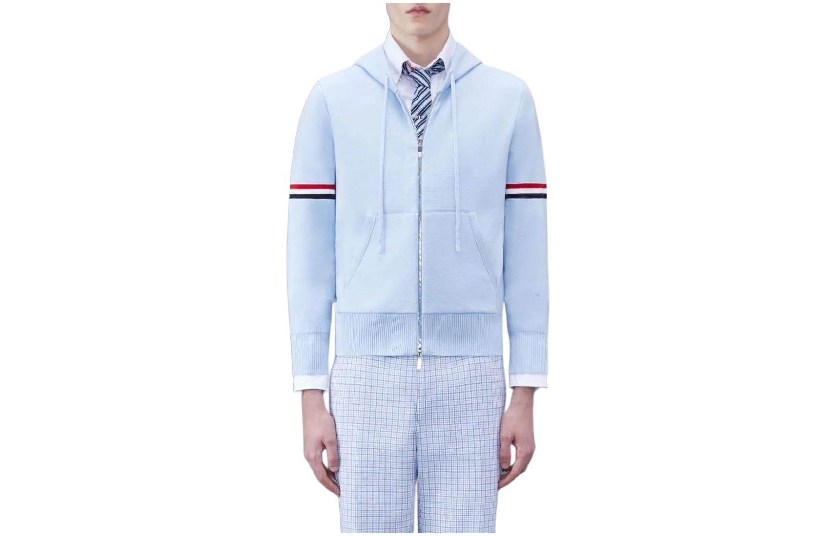 Thom Browne Light Blue Cotton Armband Hoodie Zipper Jacket with Stripe Print MKT008A-Y3007-472