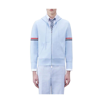 Thom Browne Light Blue Cotton Armband Hoodie Zipper Jacket with Stripe Print MKT008A-Y3007-472