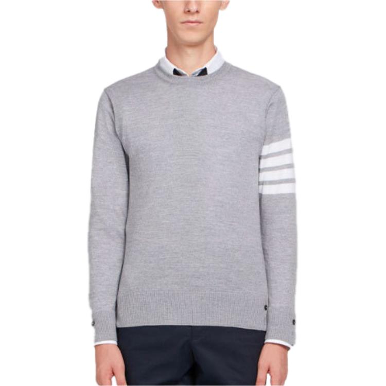 Thom Browne Light Gray Wool Sweater with Four-Stripe Sleeve MKA002A-00014-058