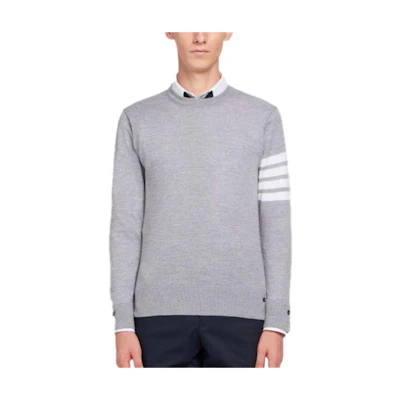 Thom Browne Light Gray Wool Sweater with Four-Stripe Sleeve MKA002A-00014-058