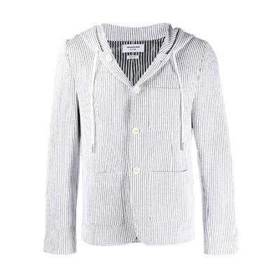 Thom Browne Light Grey Logo Stripe Hoodie Suit Jacket MJT206A-01732-055