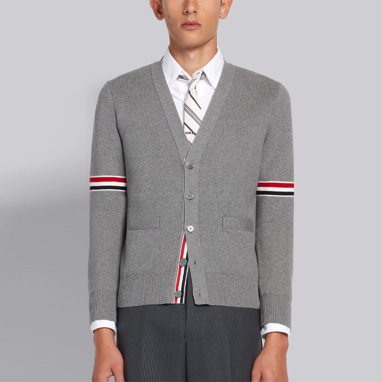 Thom Browne Light Grey V-Neck Striped Knit Cotton Sweater MKC310A-Y3007-055 圖 3