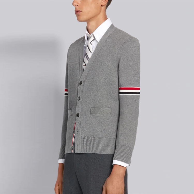 Thom Browne Light Grey V-Neck Striped Knit Cotton Sweater MKC310A-Y3007-055 圖 5