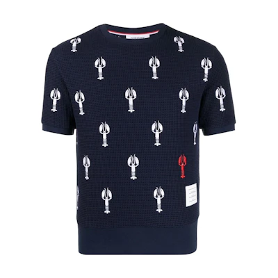 Thom Browne Lobster Embroidery Waffle Knit Crewneck T-Shirt Navy Blue (). MJS185-EE004-2415