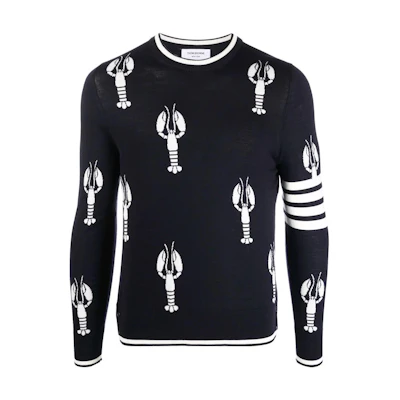 THOM BROWNE Lobster Pattern Crewneck Wool Sweater FW22 Blue MKA417A-Y1014-415