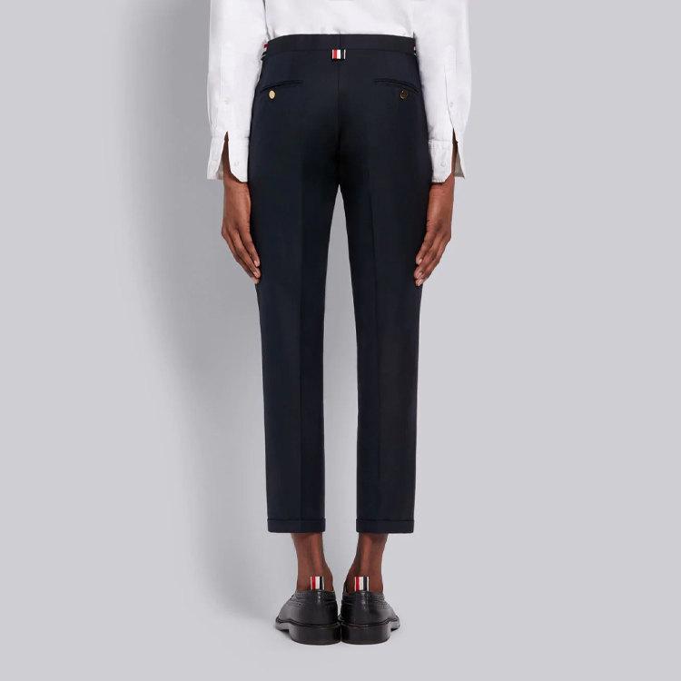 Shop Thom Browne 低腰羊毛长裤 海军蓝 MTC159A-00626-415