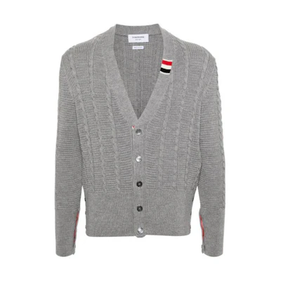 THOM BROWNE Men’s SS24 Light Grey V-Neck Button-Up Slim Fit Knit Cardigan MKC513A-Y1024-055
