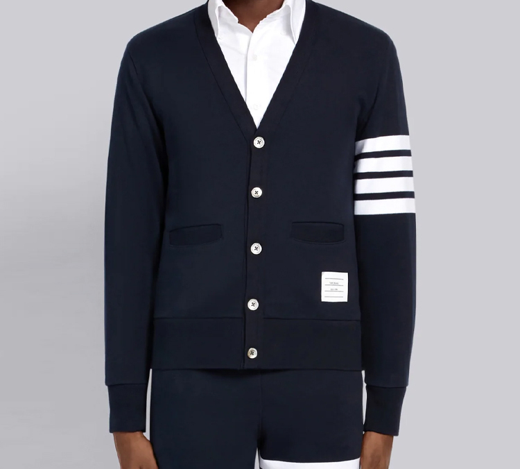 Shop Thom Browne Mens Cotton Navy V-Neck Sweater, Classic 4-Stripes Ivy Style MJT167A-00535-415