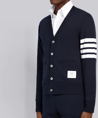 Thom Browne Mens Cotton Navy V-Neck Sweater, Classic 4-Stripes Ivy Style MJT167A-00535-415 Details for Thom Browne Mens Cotton Navy V-Neck Sweater, Classic 4-Stripes Ivy Style MJT167A-00535-415