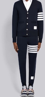 Thom Browne Mens Cotton Navy V-Neck Sweater, Classic 4-Stripes Ivy Style MJT167A-00535-415 Sizing Thom Browne Mens Cotton Navy V-Neck Sweater, Classic 4-Stripes Ivy Style MJT167A-00535-415