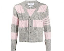 Thom Browne Mohair Tweed Stripe Cardigan Sweater Grey Pink MKC289B-00278-998 Thom Browne Mohair Tweed Stripe Cardigan Sweater Grey Pink MKC289B-00278-998