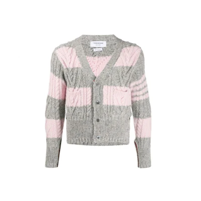 Thom Browne Mohair Tweed Stripe Cardigan Sweater Grey Pink MKC289B-00278-998