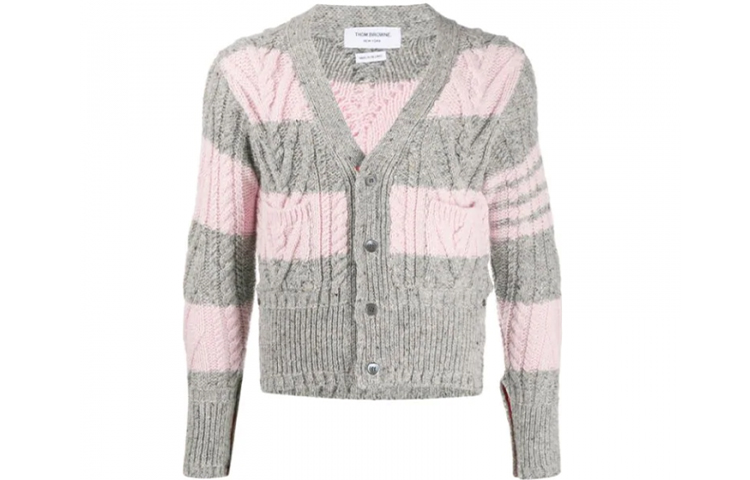 Order Thom Browne Kardigan Sweater Mohair Tweed Stripe Abu-Abu Pink MKC289B-00278-998