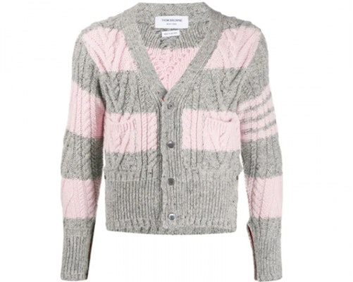Thom Browne Kardigan Sweater Mohair Tweed Stripe Abu-Abu Pink MKC289B-00278-998 Order Thom Browne Kardigan Sweater Mohair Tweed Stripe Abu-Abu Pink MKC289B-00278-998