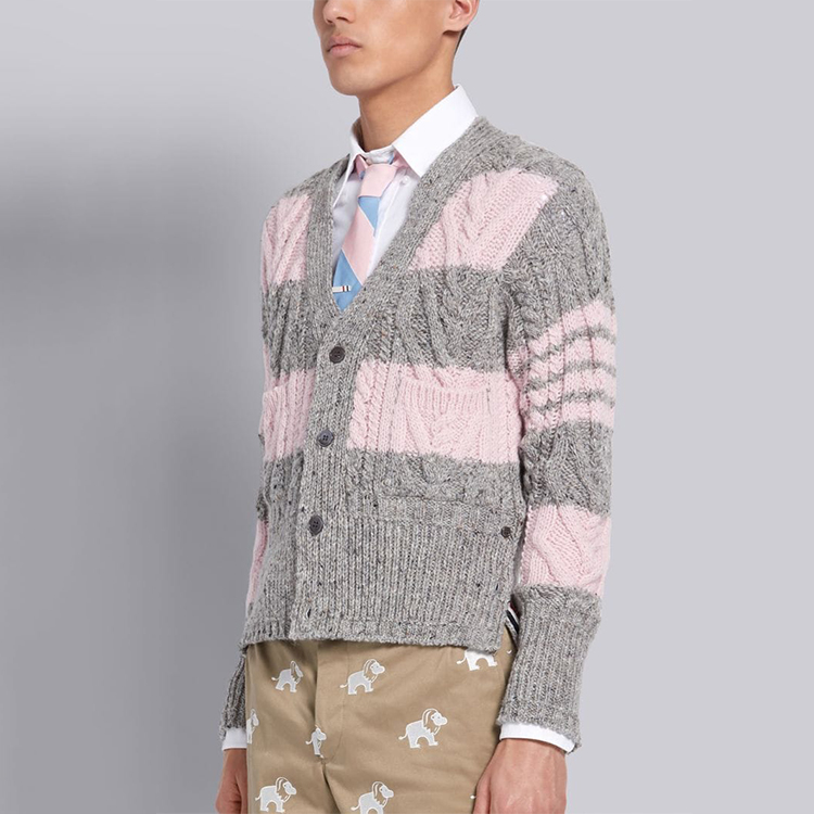Lookbook Thom Browne Kardigan Sweater Mohair Tweed Stripe Abu-Abu Pink MKC289B-00278-998