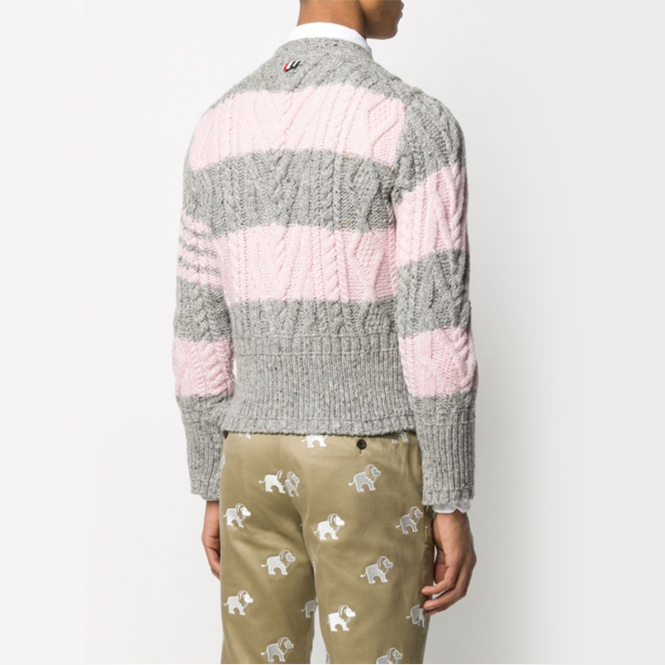 Shop Thom Browne Kardigan Sweater Mohair Tweed Stripe Abu-Abu Pink MKC289B-00278-998
