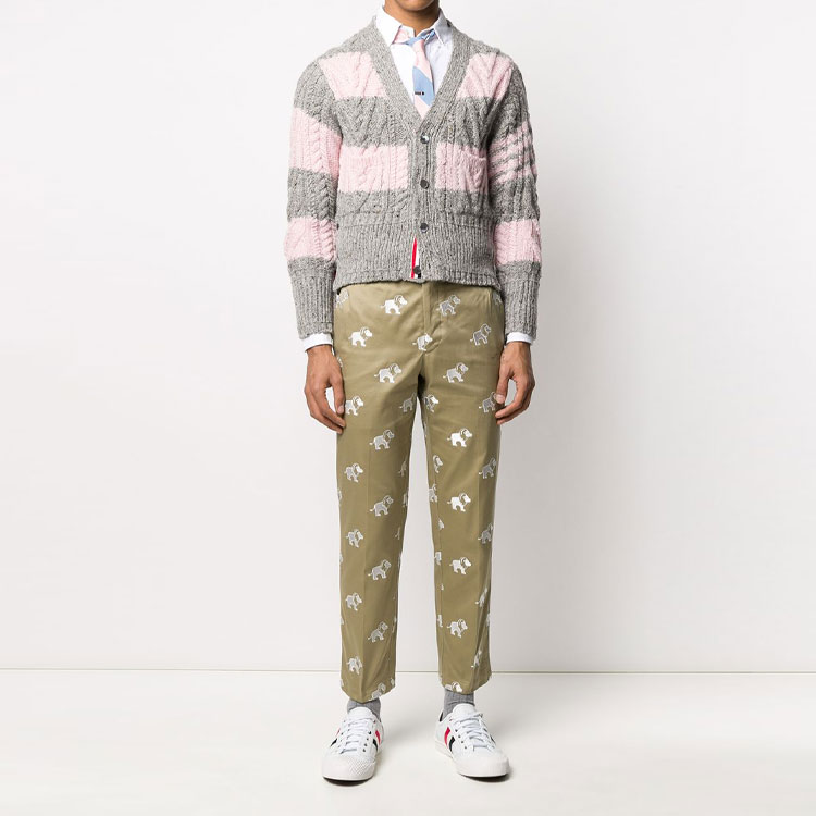 Purchase Thom Browne Kardigan Sweater Mohair Tweed Stripe Abu-Abu Pink MKC289B-00278-998