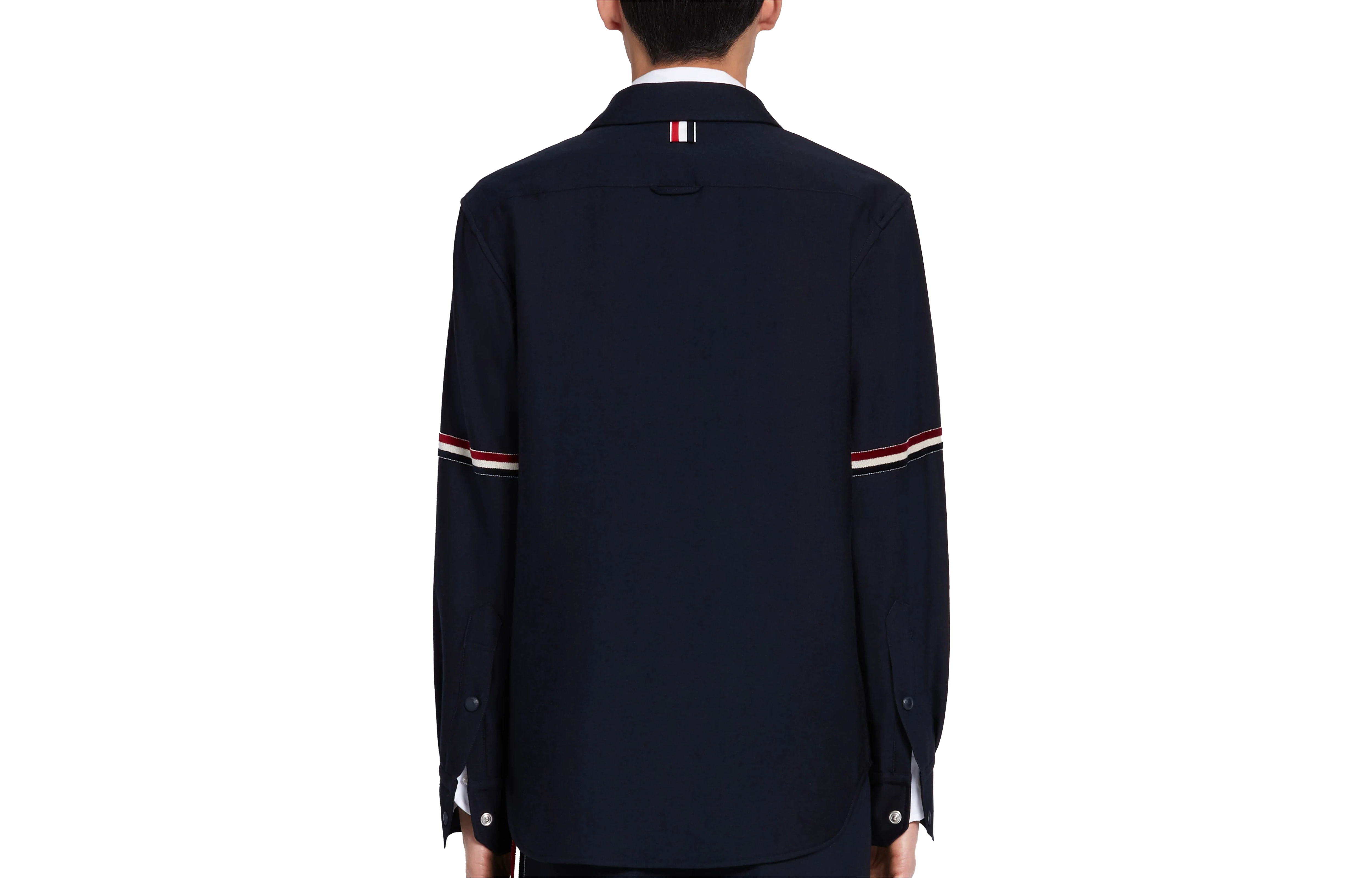 Lookbook トム ブラウン ネイビー ストライプ ウール混 シャツ MJO055A-06258-415