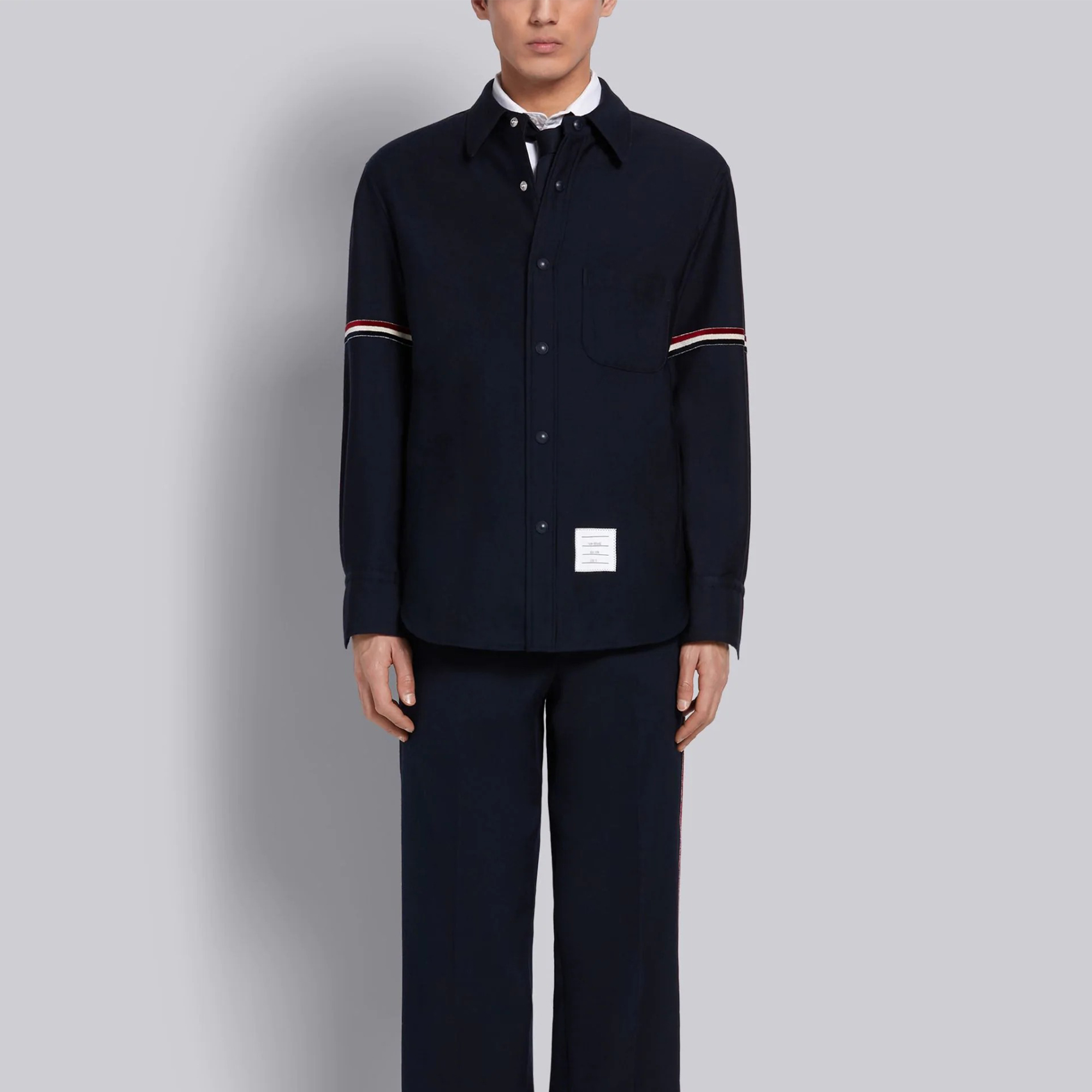 Purchase トム ブラウン ネイビー ストライプ ウール混 シャツ MJO055A-06258-415