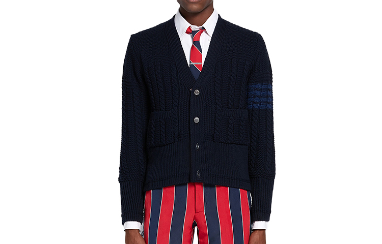 THOM BROWNE Navy Blue V-Neck Wool Knit Sweater MKC286A-00014-415