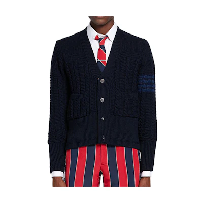 THOM BROWNE Navy Blue V-Neck Wool Knit Sweater MKC286A-00014-415