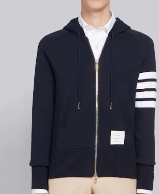 톰 브라운 네이비 클래식 4-스트라이프 남성 지퍼 후드티 MJT022H-00535-461 Shop 톰 브라운 네이비 클래식 4-스트라이프 남성 지퍼 후드티 MJT022H-00535-461