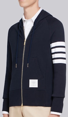 톰 브라운 네이비 클래식 4-스트라이프 남성 지퍼 후드티 MJT022H-00535-461 Details for 톰 브라운 네이비 클래식 4-스트라이프 남성 지퍼 후드티 MJT022H-00535-461